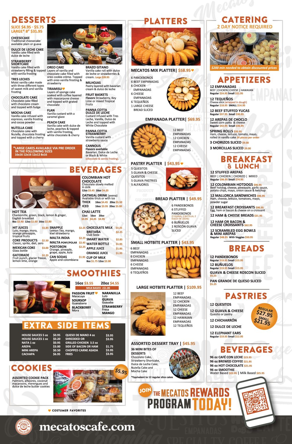 Mecatos Waterford Lakes and Lake Underhill bakery menu with pastries, cake and coffee cafe