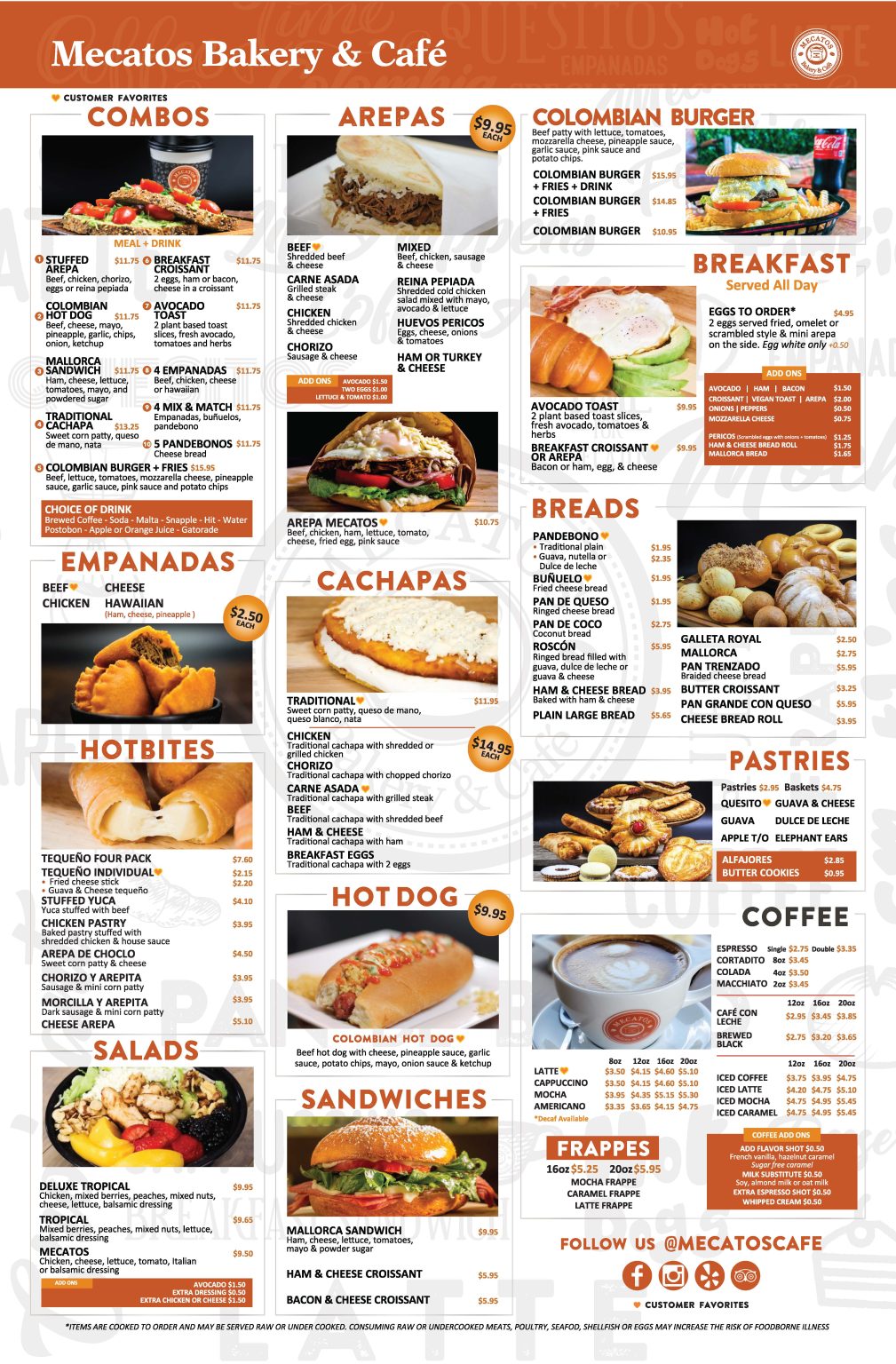 Mecatos MetroWest bakery menu with pastries, cake and coffee cafe