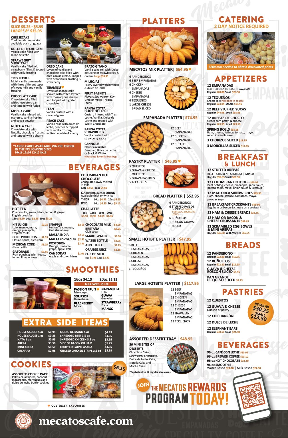 Mecatos MetroWest bakery menu with pastries, cake and coffee cafe