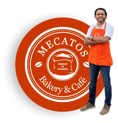 Mecatos worker in an orange apron standing beside the Mecatos Bakery & Café logo.